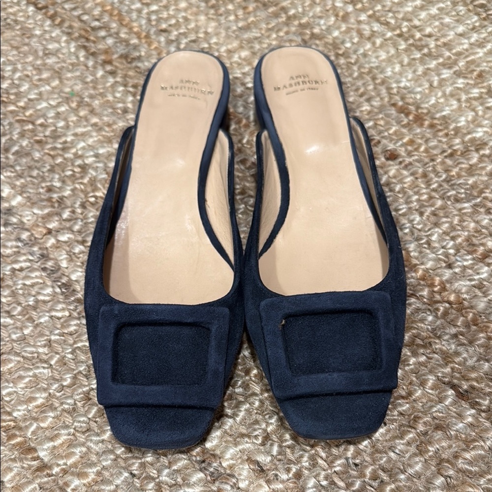 ANN MASHBURN Blue Suede Mules with Square Buckle